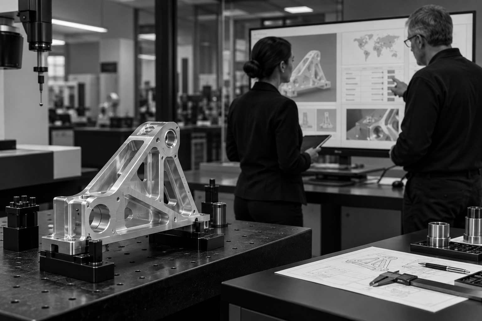 Two people comparing a machined bracket with a supplier shortlist on screen