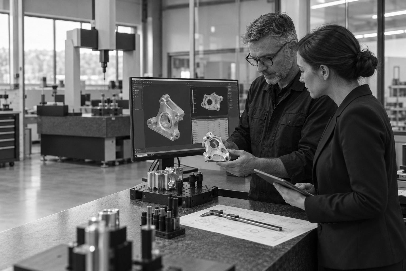An engineer and a buyer checking a machined part against its digital model