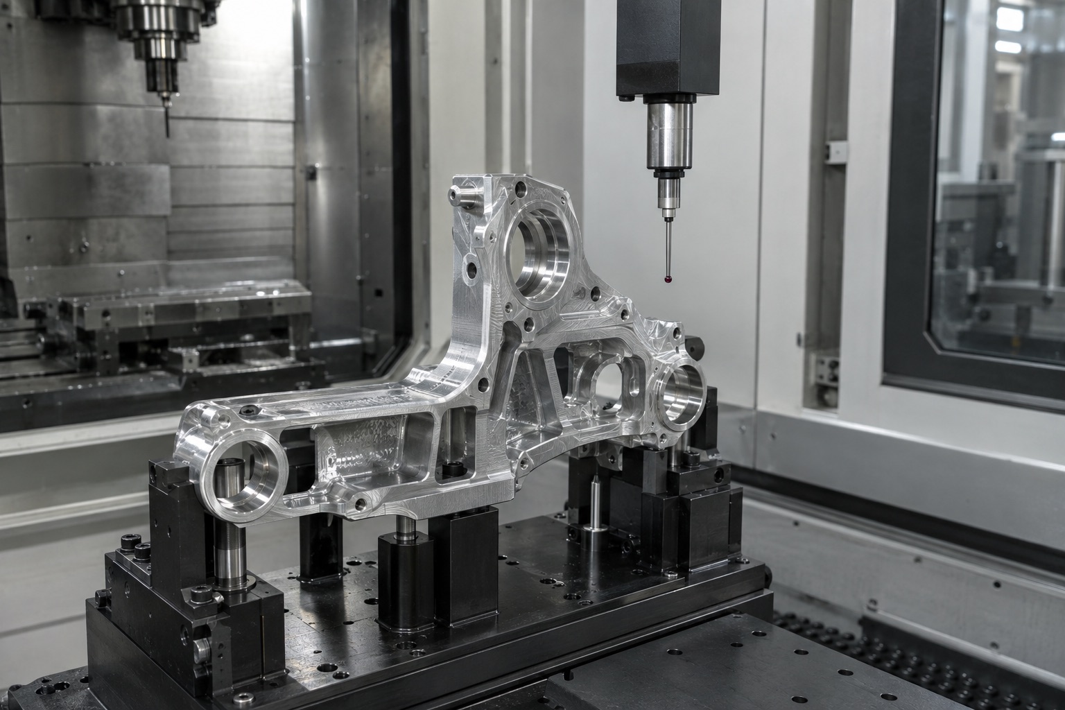 Touch probe measuring a 5-axis milled aluminium bracket held in a fixture